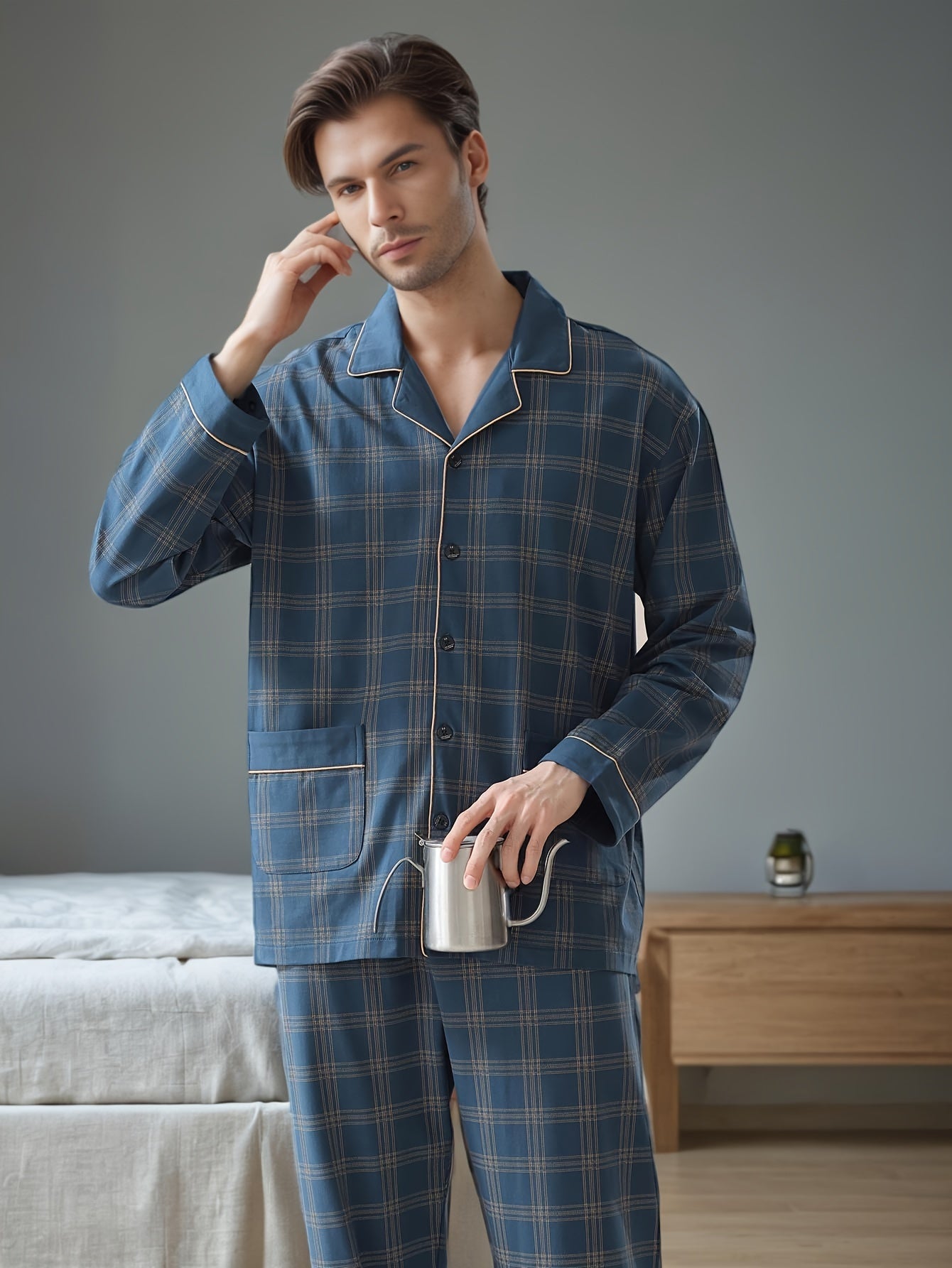 Men's spring and autumn two-piece pajamas with long sleeve trousers, cardigan, turnover collar, loose fit, casual plaid design for adults and youth.