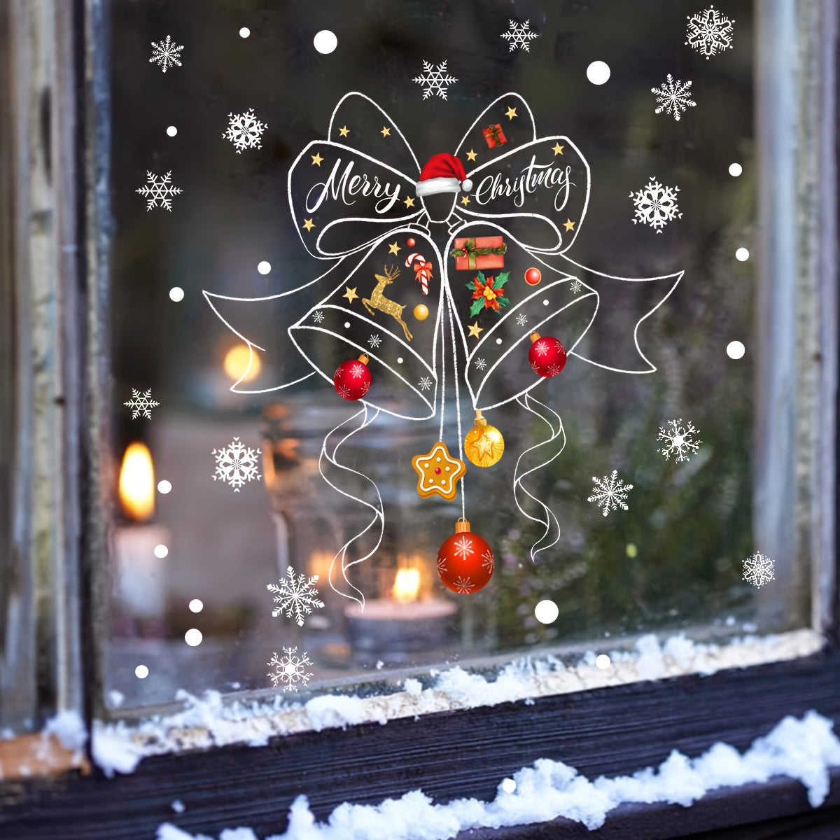 DJ3104-YL is a simple bell snowflake Christmas holiday decoration sticker made of glass. It is static, double-sided, and visible from both sides. This self-adhesive sticker is designed to be placed on windows, balconies, or any other glass surface.