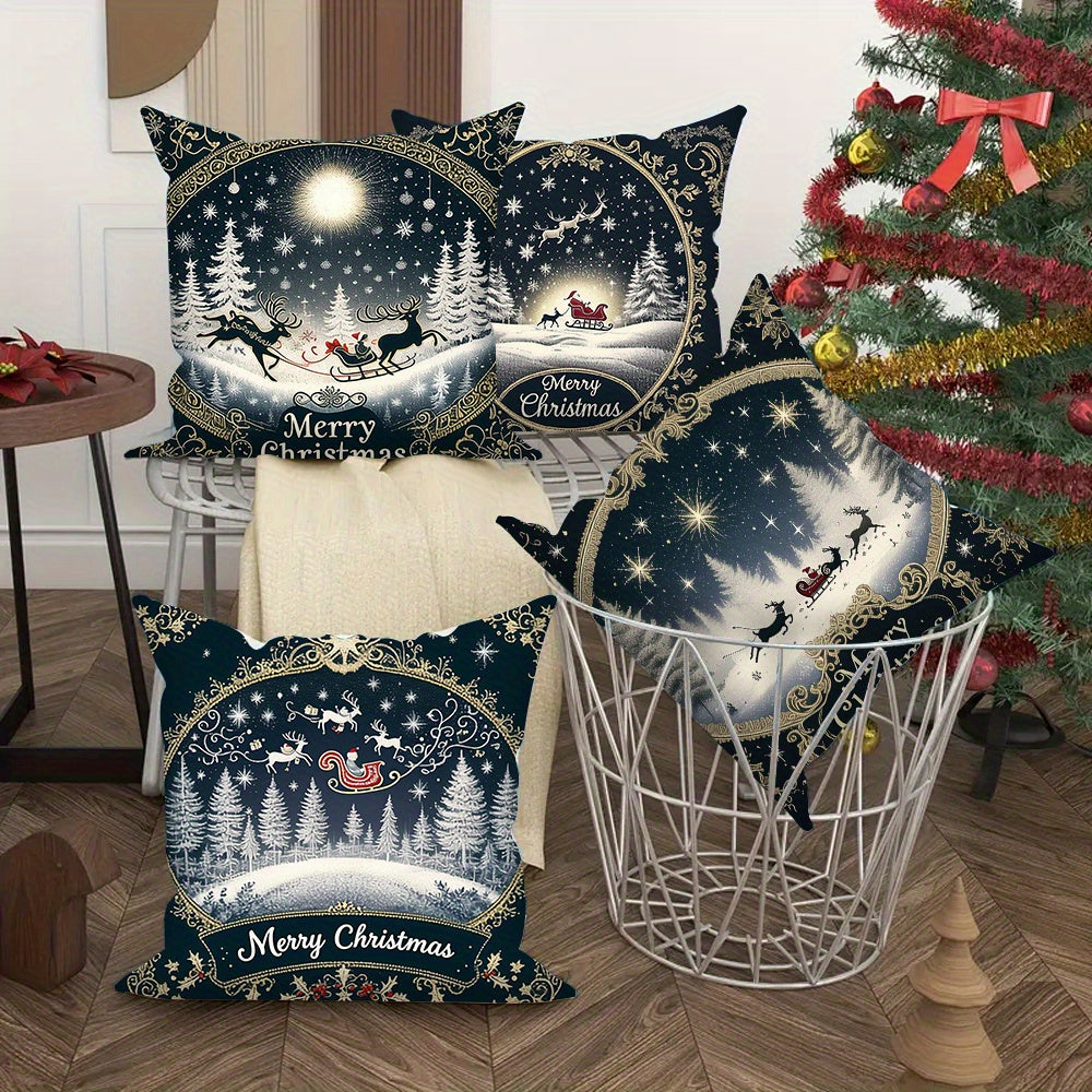 Set of 4 Festive Christmas Throw Pillow Covers featuring Soft Plush Santa & Reindeer Design, Ideal for Decorating Sofas and Cars, Easily Washable in Machine, 45.72x45.72 cm Size, Christmas-themed Pillow Covers