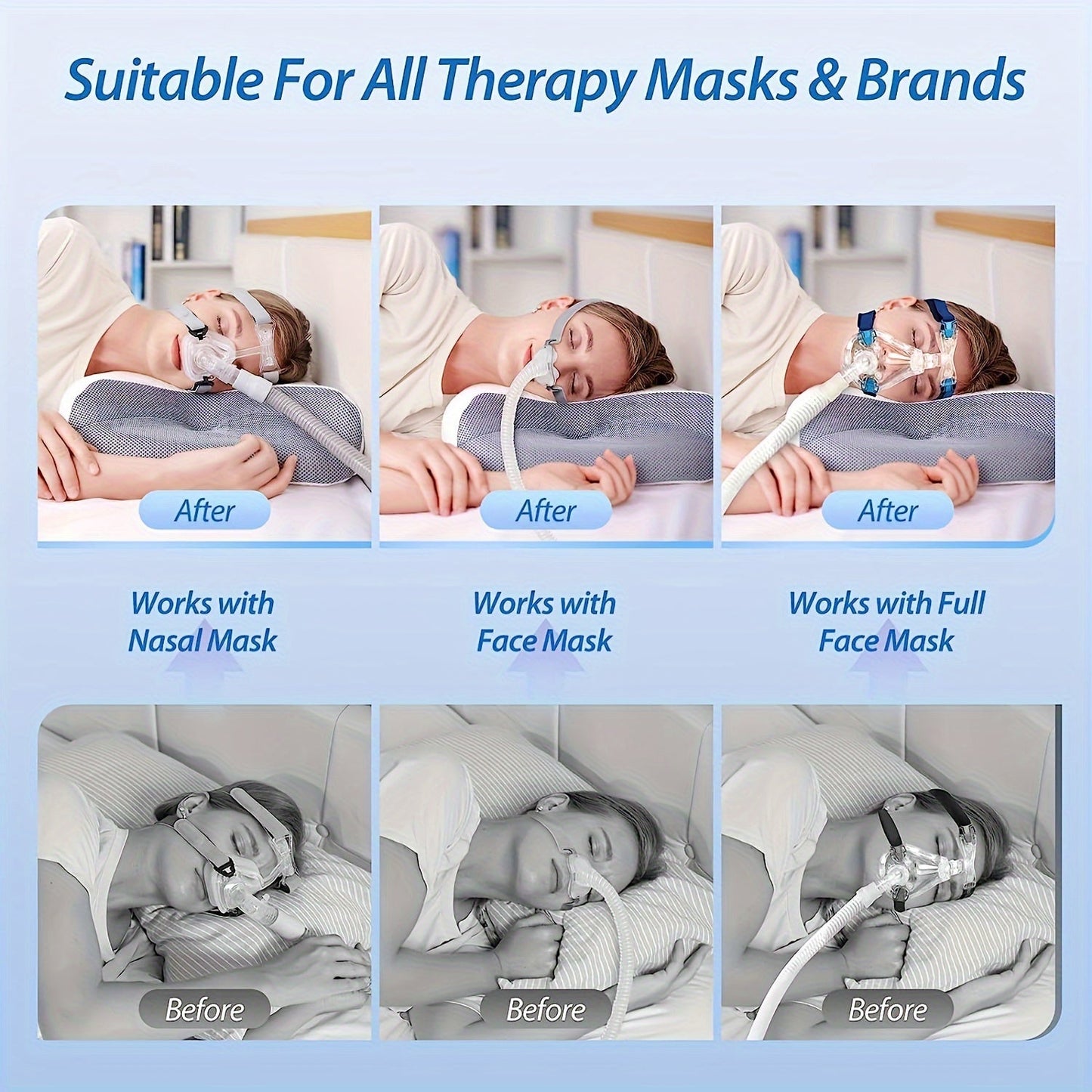 Get a 1-piece memory foam pillow designed specifically for side sleepers. This cervical pillow is perfect for relaxation and ideal for those using CPAP machines. Say goodbye to air leaks, hose tangles, and mask pressure with this Sleep Apnea Pillow. It