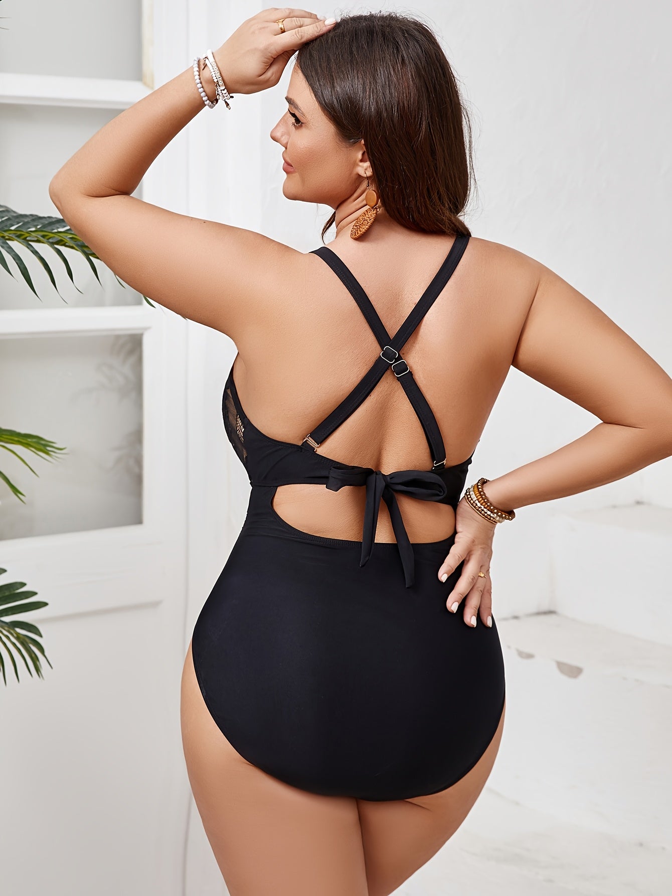 Unyooke Plus Size Women's One-Piece Swimsuit in Black with Lace V-Neck and Tie Detail, High Elasticity Polyester Fabric, Removable Pads