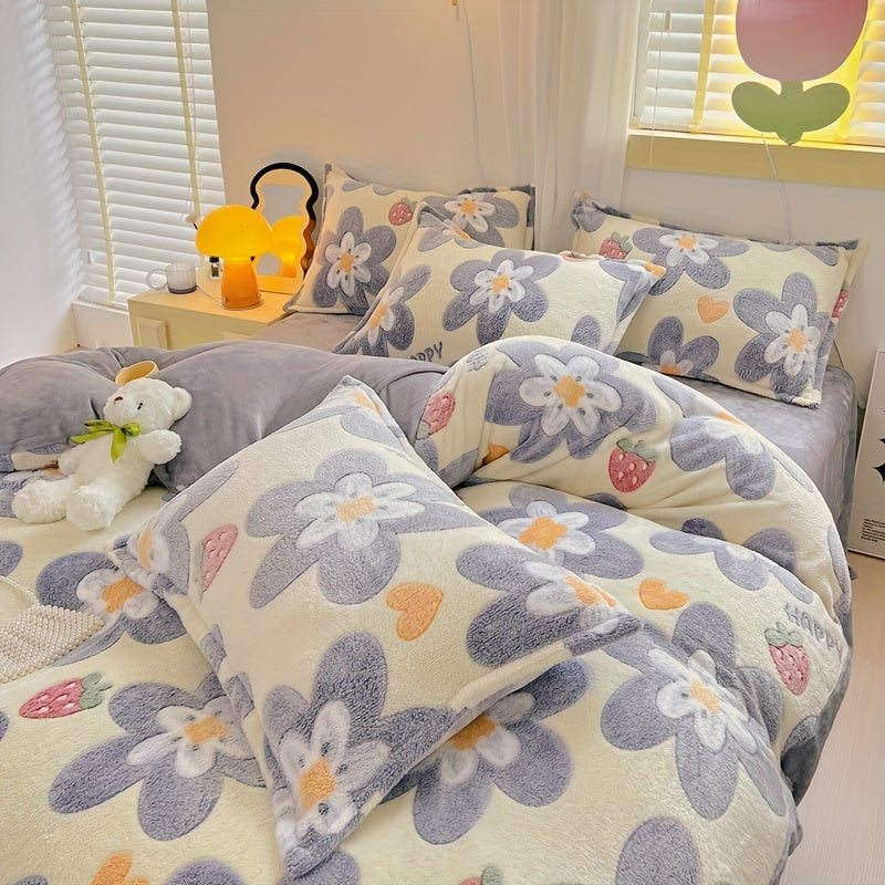 Velvet Duvet Cover Set with Flower Print, Includes 1 Duvet Cover and 2 Pillowcases - Soft and Warm Bedding Set for Autumn and Winter, Perfect for Bedroom or Guest Room