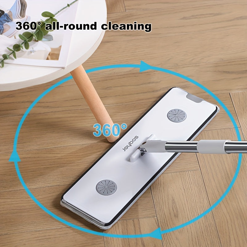 Get the ultimate cleaning solution with the 2-in-1 Wet and Dry Flat Mop and Bucket Set. This set includes 4 reusable mops for your convenience. Featuring hands-free wringing, 360° spin capabilities, and a durable metal and plastic construction, this set