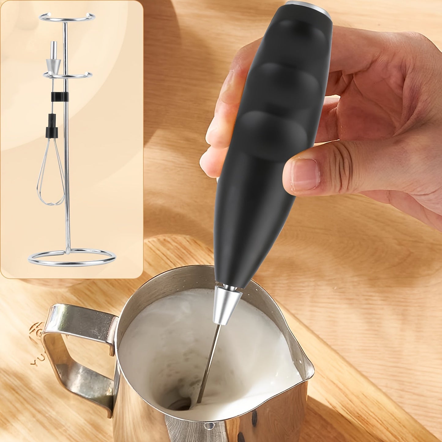 Stainless Steel Milk Frother with Easy-Clean Dual Head for Quick Foam - Battery-Powered (AA), Compact and Portable Design for Home, Office, and Coffee Shops. Made with PP Material and a Stable Base for Easy Disassembly and Cleaning.