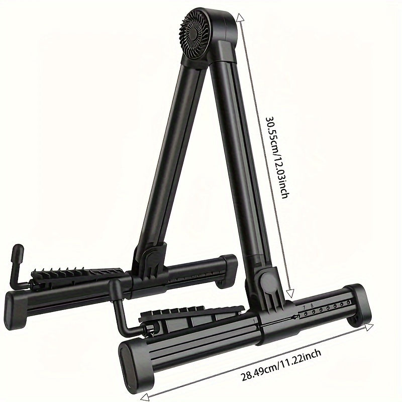 Adjustable, foldable A-frame guitar stand perfect for multiple instruments, easy to carry and install.