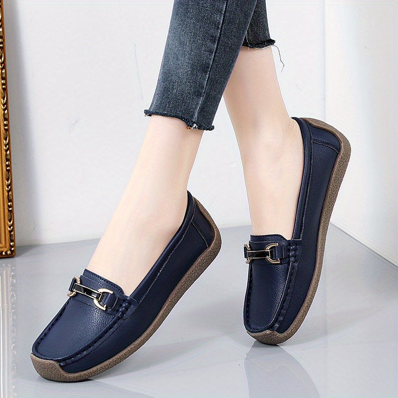 Women's metal decor loafers, casual slip-on flat shoes with lightweight faux leather material.