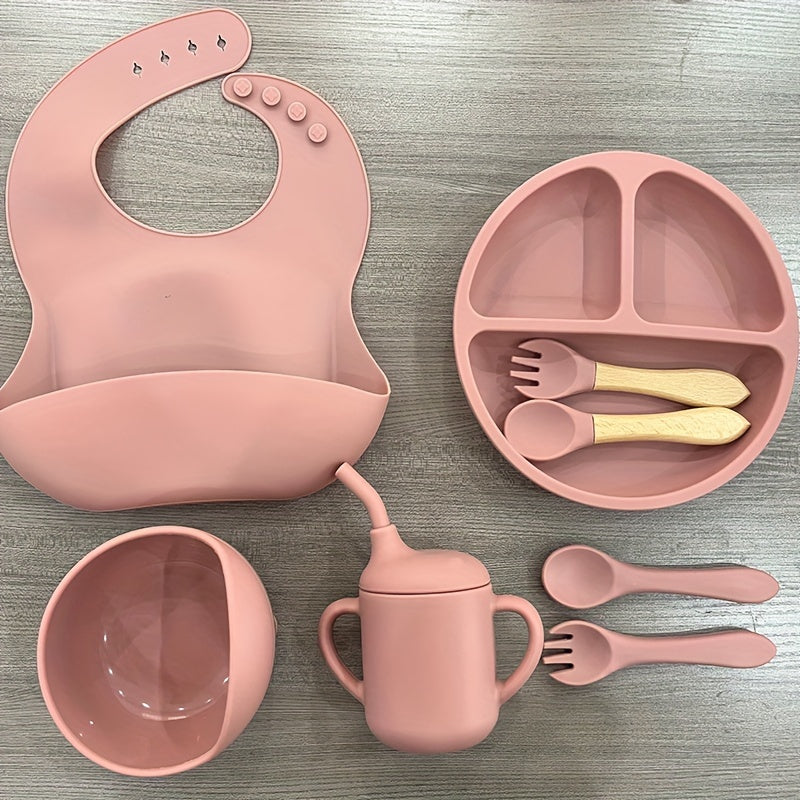 Silicone Baby Feeding Set by WHZWYK - Safe for Microwave & Oven - Suitable for Ages 0-3 - Complete with Suction Plate, Soft Bowl, Spoons, Forks, Adjustable Bib, Snack Cup - Ideal for Self-Feeding