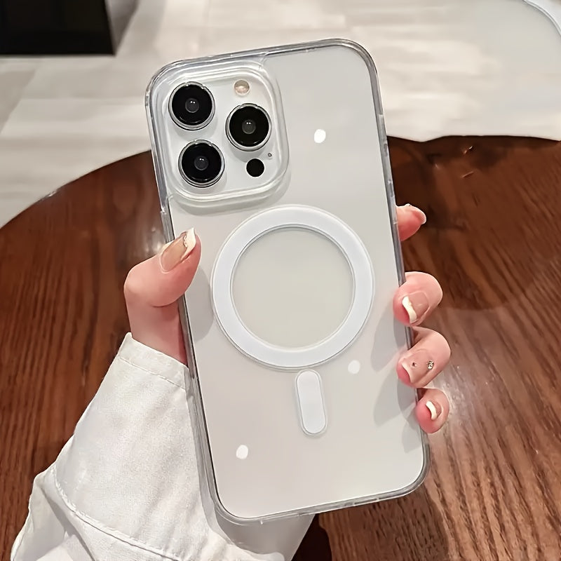 Clear magnetic phone case compatible with Apple iPhone X to 16 Series, with hard back and soft edges that won't interfere with screen protector.