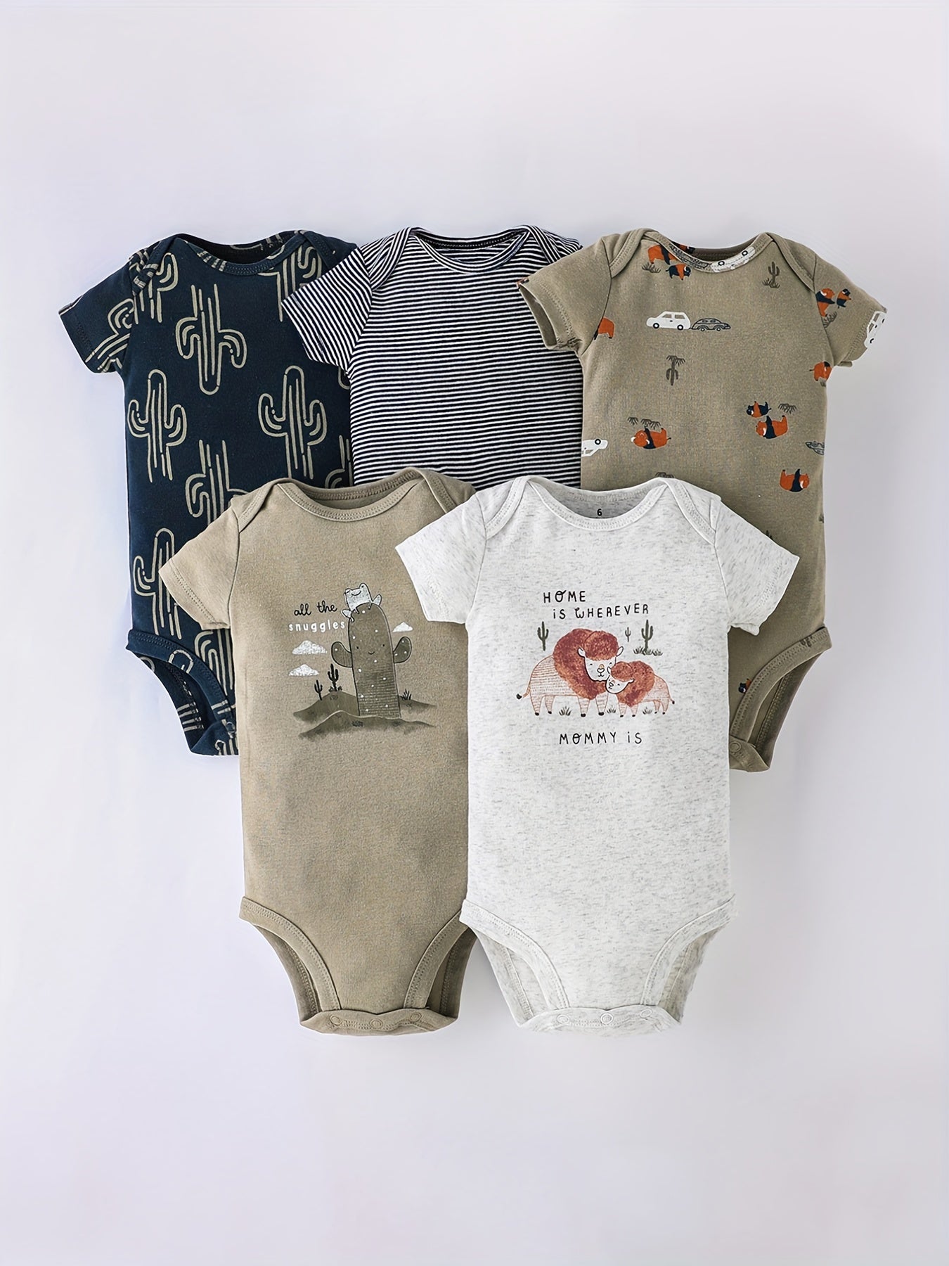 5-piece cotton romper set for babies and toddlers featuring cartoon prints, short sleeves, and round neck. Ideal for summer and outdoor activities. Triangle onesie included.