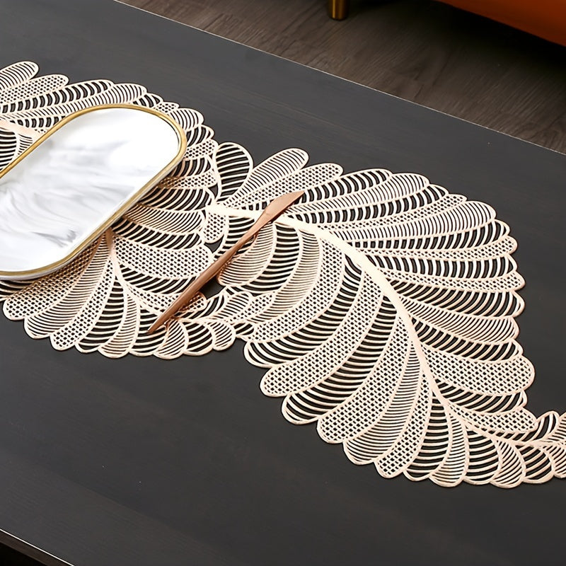 Gold table flag with PVC leaf design, heat-resistant and anti-slip, perfect for coffee tables. 1 piece.