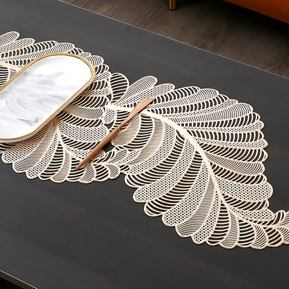 Gold table flag with PVC leaf design, heat-resistant and anti-slip, perfect for coffee tables. 1 piece.