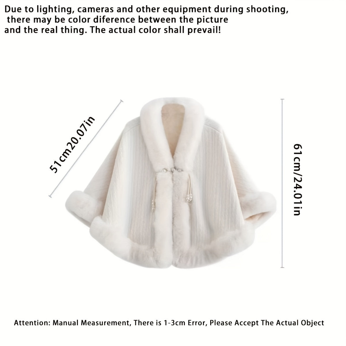 Elegant white faux fur cape with pearl accents, ideal for autumn/winter occasions.