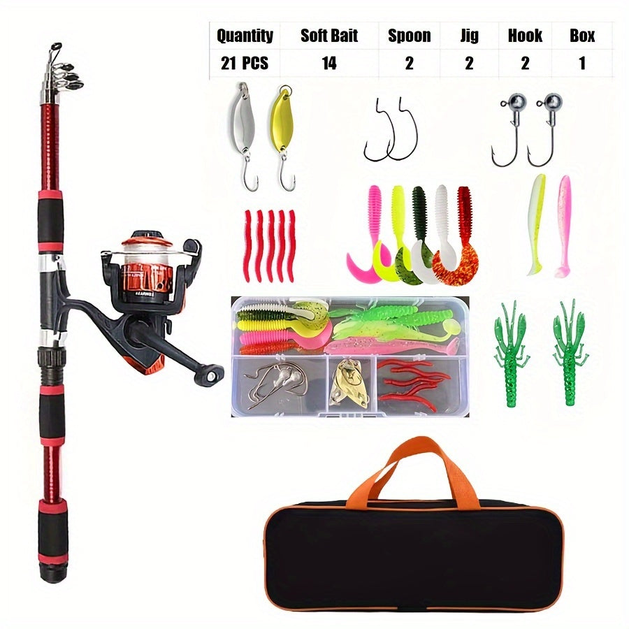 1.8m Fishing Rod Kit with Telescopic Pole, Spinning Reel, Lures & Hooks - Versatile for Freshwater & Saltwater