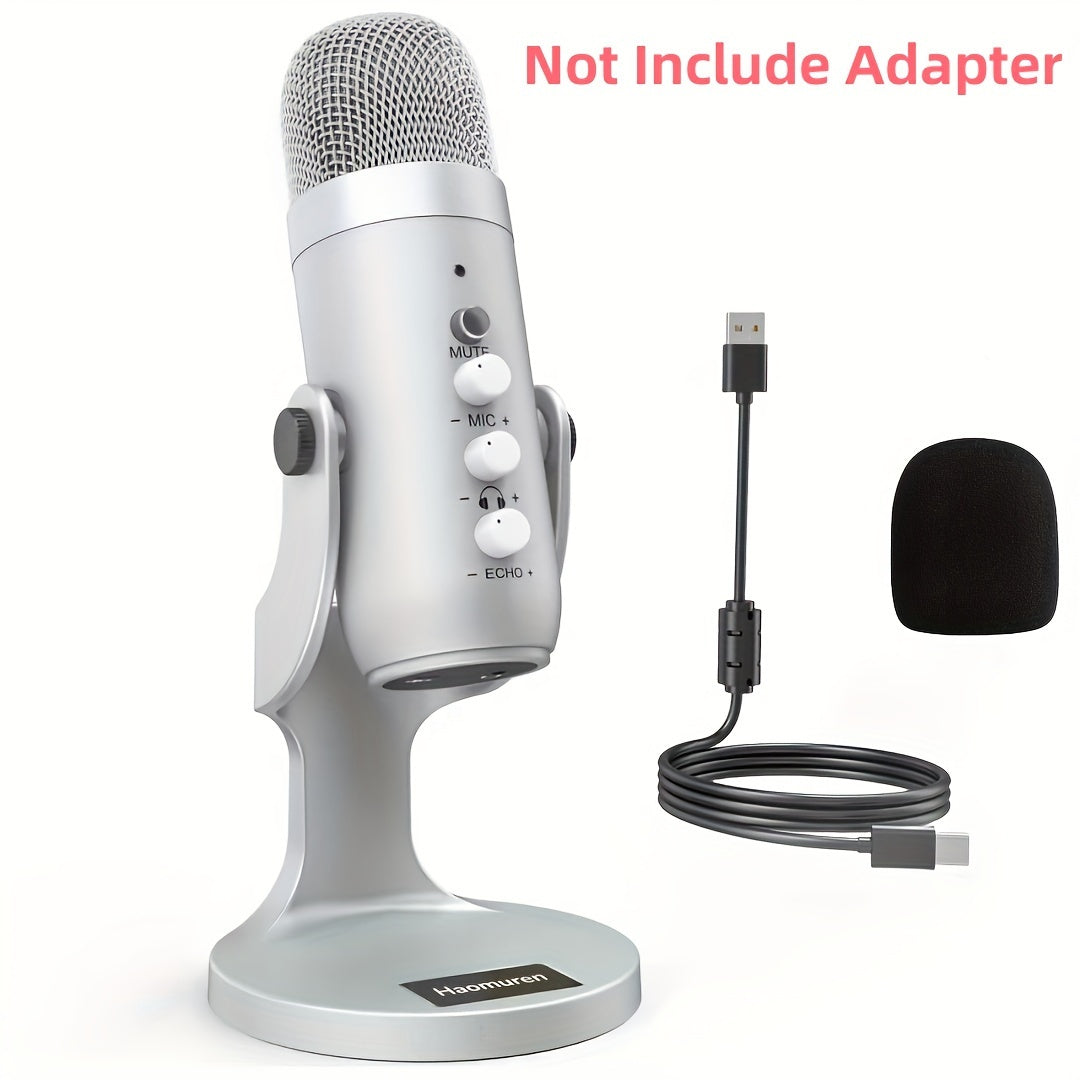 USB condenser microphone with volume and gain control, clear sound for podcasting, gaming, and streaming. Compatible with PS4/5, Mac, and Windows. Includes cable, windscreen, stand, and