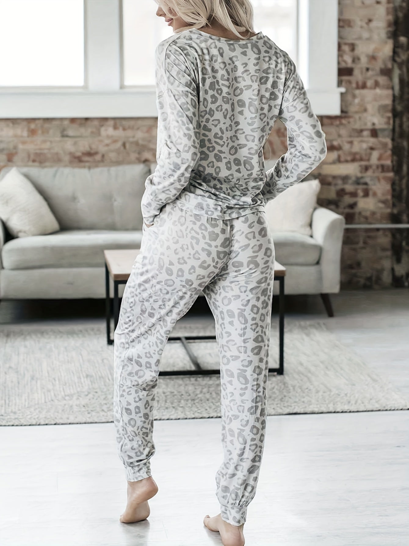 Leopard Print Lounge Set for Women - V Neck Top & Joggers with Pockets, Perfect for Fall & Winter