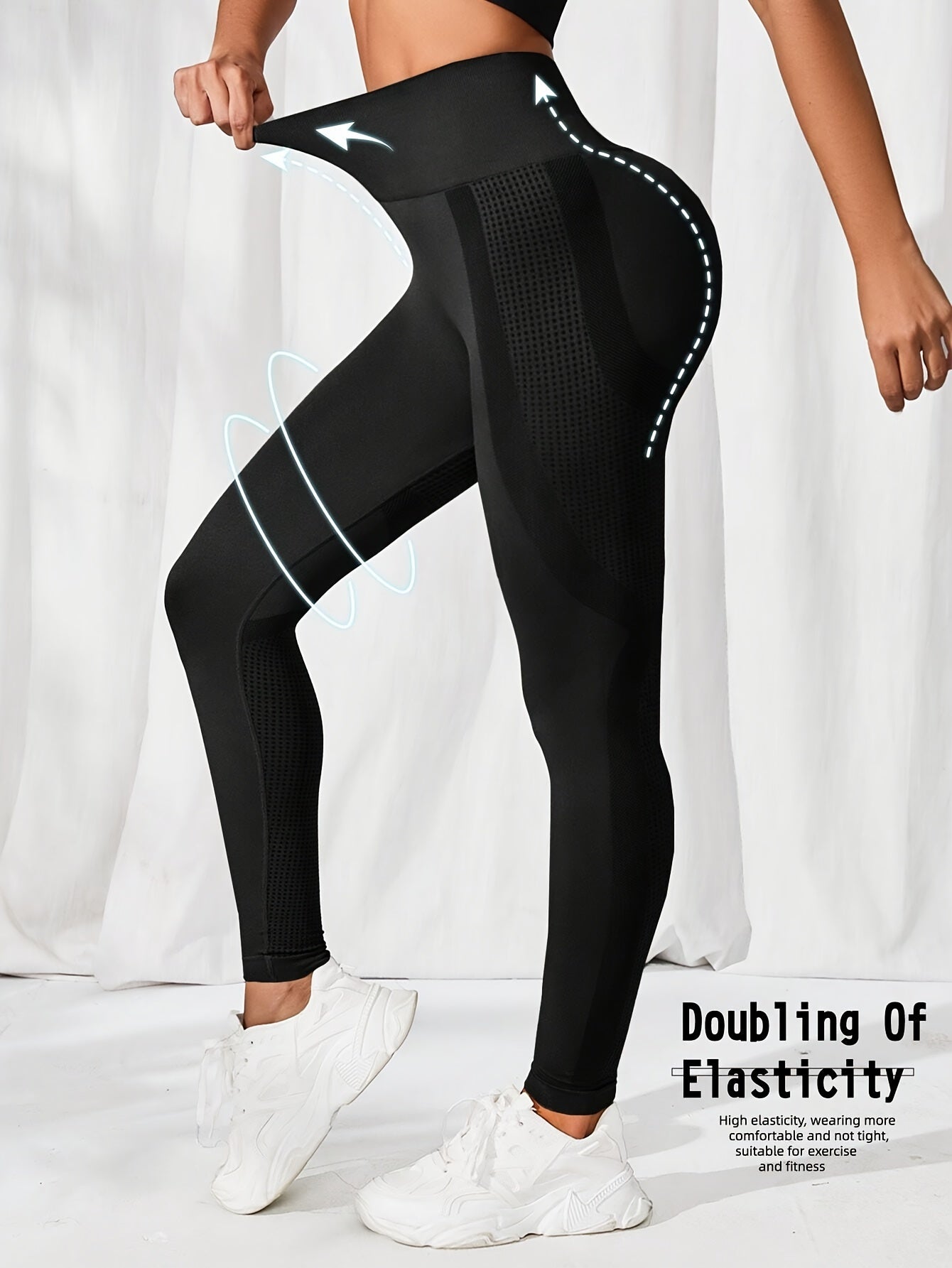 Abdominal control, pleated fitness yoga leggings in two solid colors. Made of high-elasticity polyamide and elastic materials. Ideal for women's activewear and exercise in all seasons.