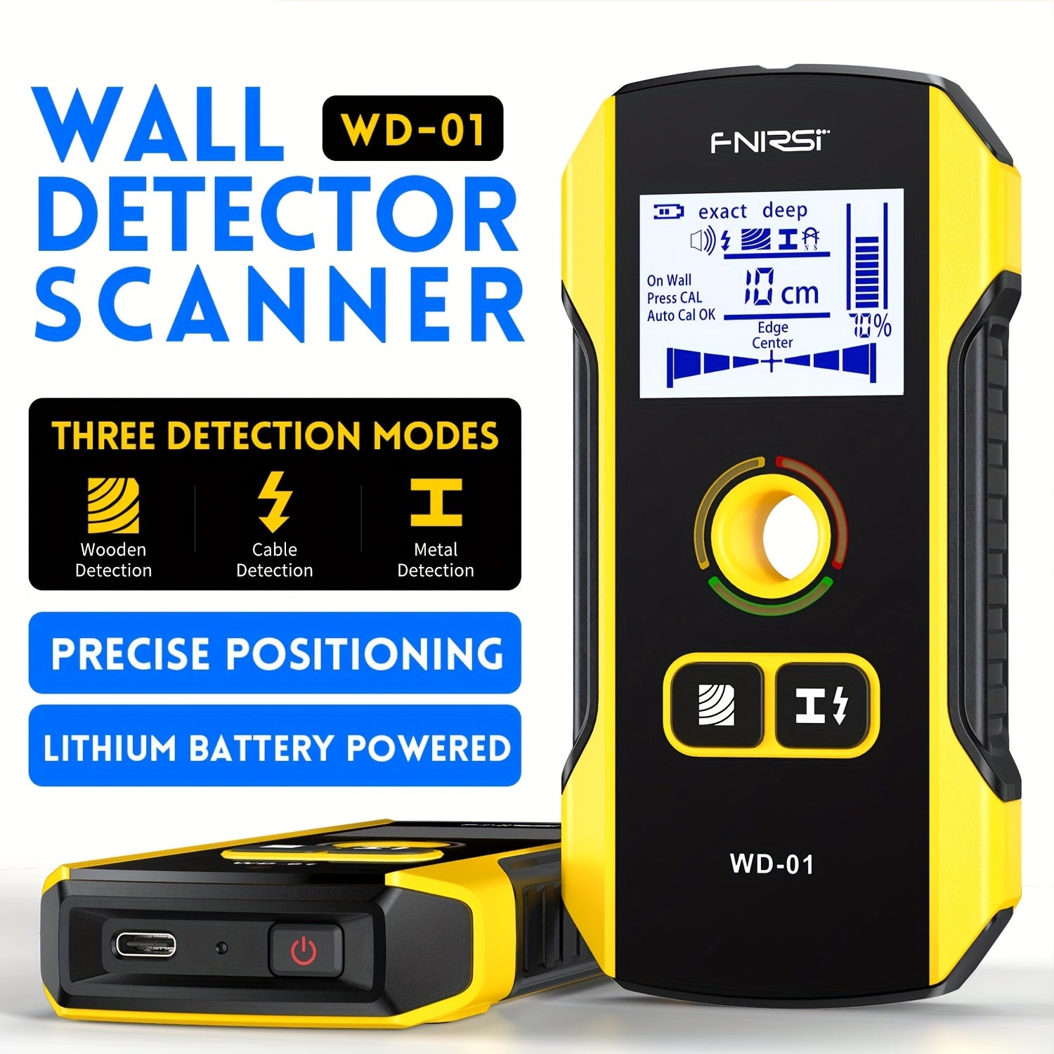 FNIRSI WD-01 Wall Detector Scanner with LED Digital Display and USB Charging. 0.1 Measurement Accuracy for Construction. Detects AC Live Cable Wires and Metal/Wood Studs. Made of Black ABS