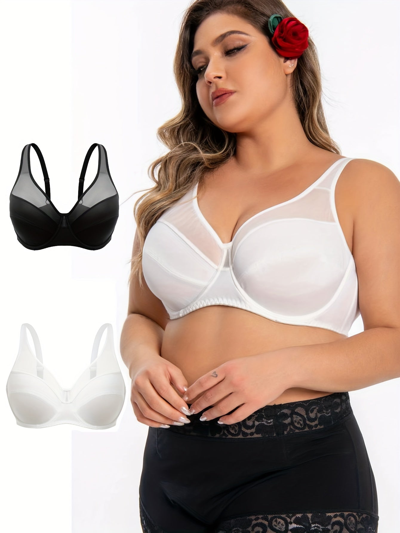 Two Plus Size Elegant Bras for Women, Contrast Mesh Full Cover with Underwire, Non Padded.