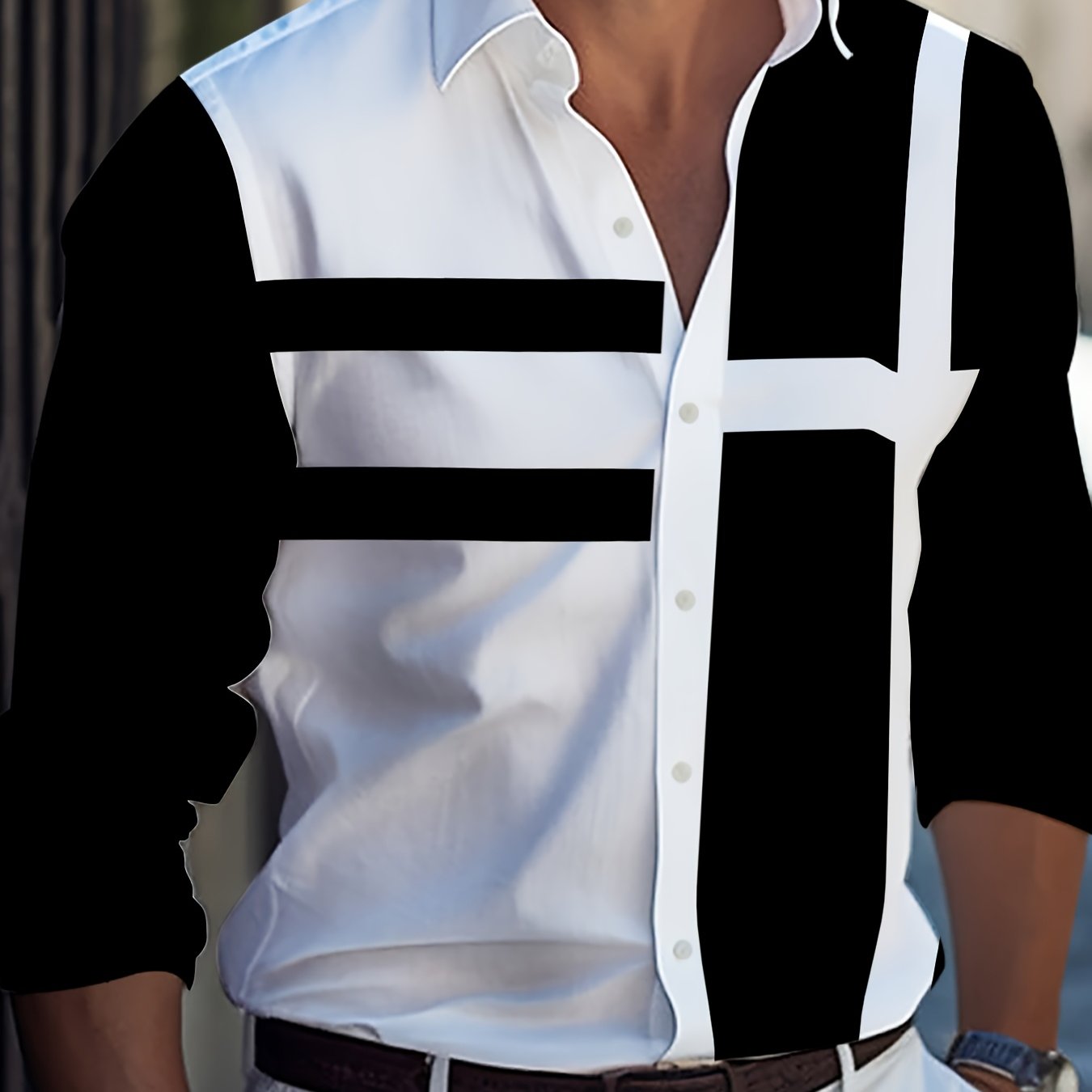 Men's casual golf shirt in black and white 3D print, polyester woven fabric, regular fit, lapel collar, long sleeve, suitable for spring/fall season, available in plus size.