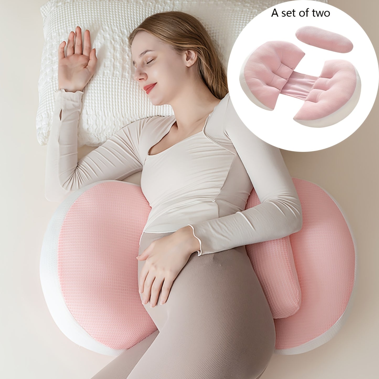 Pregnancy support pillow with U-shaped design, lumbar support, breathable fabric, adjustable, lightweight, and removable cover for side sleeping. Ideal for home bedding.