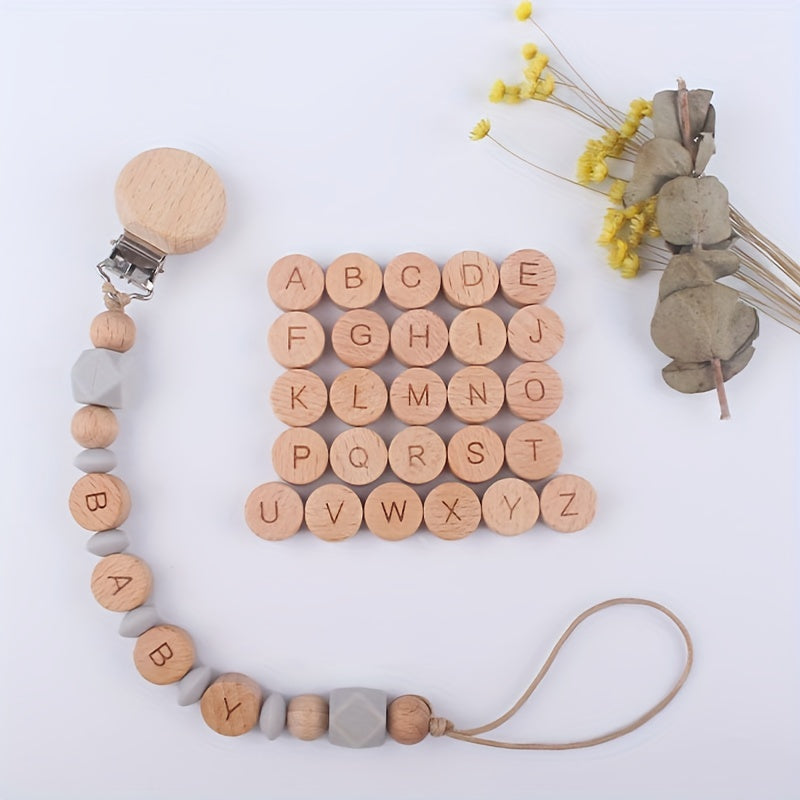 Each bag contains 26 pieces of 15mm flat round letter beads made of perforated beech wood - perfect for jewelry making and accessorizing.