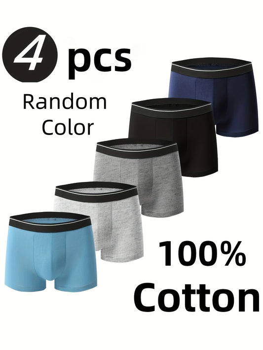 Men's 4-pack of cotton boxer briefs, solid color, medium stretch knit fabric for comfort in all seasons, suitable for sports and casual wear.