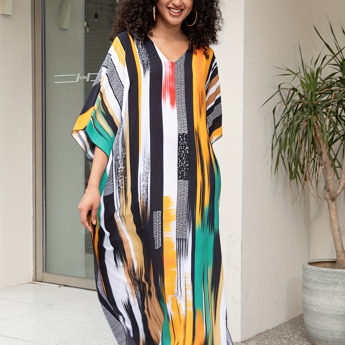 Plus Size Colorful Striped Boho Cover Up Dress