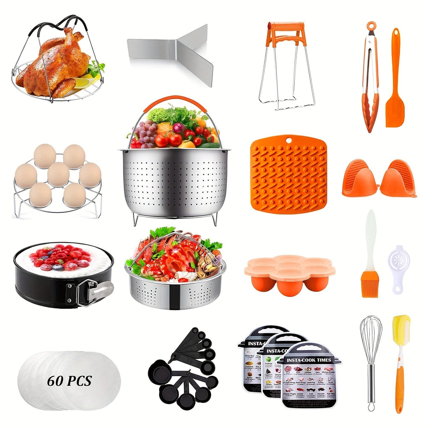 91-piece Accessory Set for 5,6,8 Quart Pressure Cookers - Includes 60 Parchment Papers, 2 Steamer Baskets, Springform Pan, Stackable Egg Steamer Rack, Egg Bites Mold, and Additional Items