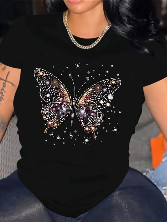 Women's Casual Butterfly Print T-Shirt made of soft polyester/spandex blend, crew neck, short sleeve, machine washable.