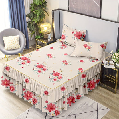 Set of 3 Macrame Bed Skirts with Flower Print, Suitable for All Seasons, with Universal Non-slip Design. Includes 1 Bed Skirt and 2 Pillowcases, Core not included.