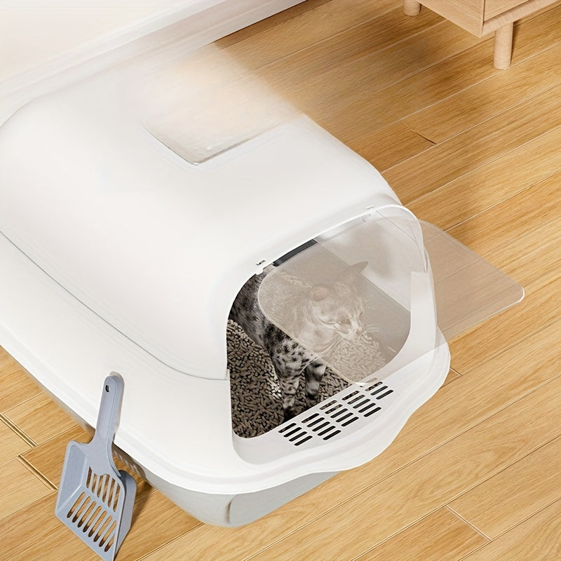 Enclosed cat litter box with integrated scoop, leak-proof and odor-control, ideal for small to medium cats - white & gray, 45.21cm W x 35.0cm D.