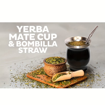 8oz stainless steel Yerba Mate cup and bombilla set, includes brush and straw. Perfect for enjoying Yerba Mate at home or on the go. Ideal birthday gift.