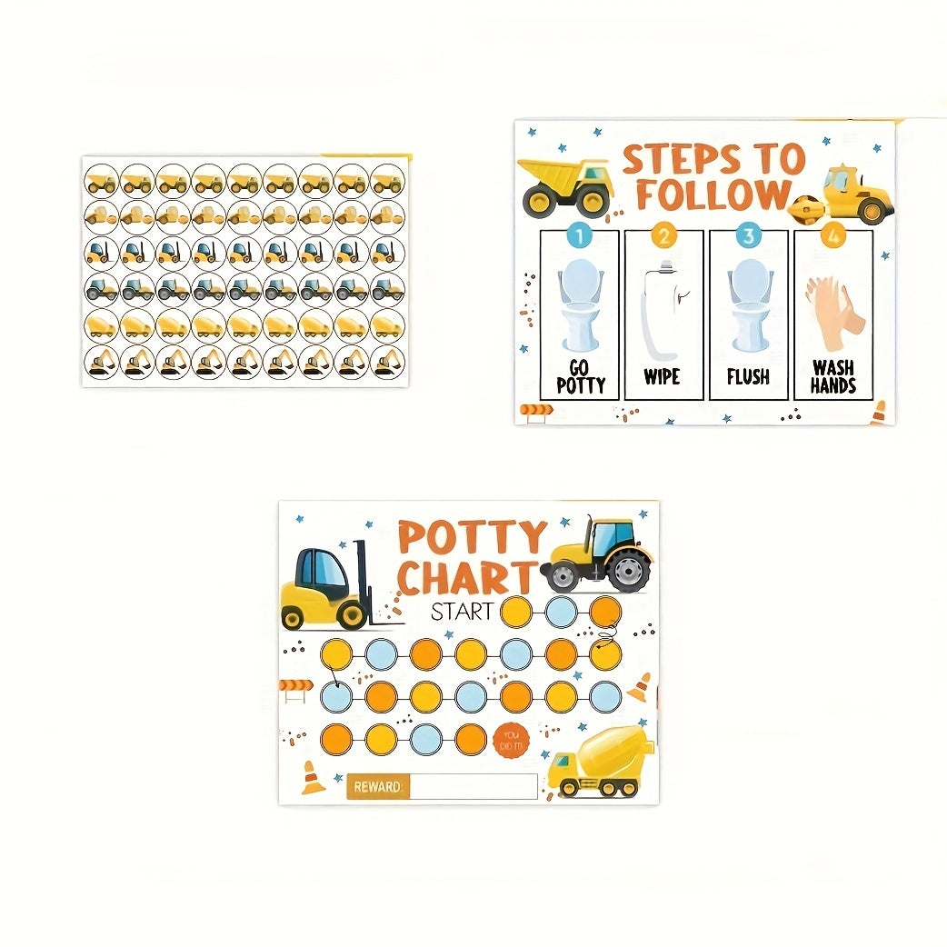 Charming Excavator Potty Training Chart Featuring Adorable Stickers, Simple Construction Truck Toilet Training Schedule with Step-by-Step Instructions & Fun Stickers