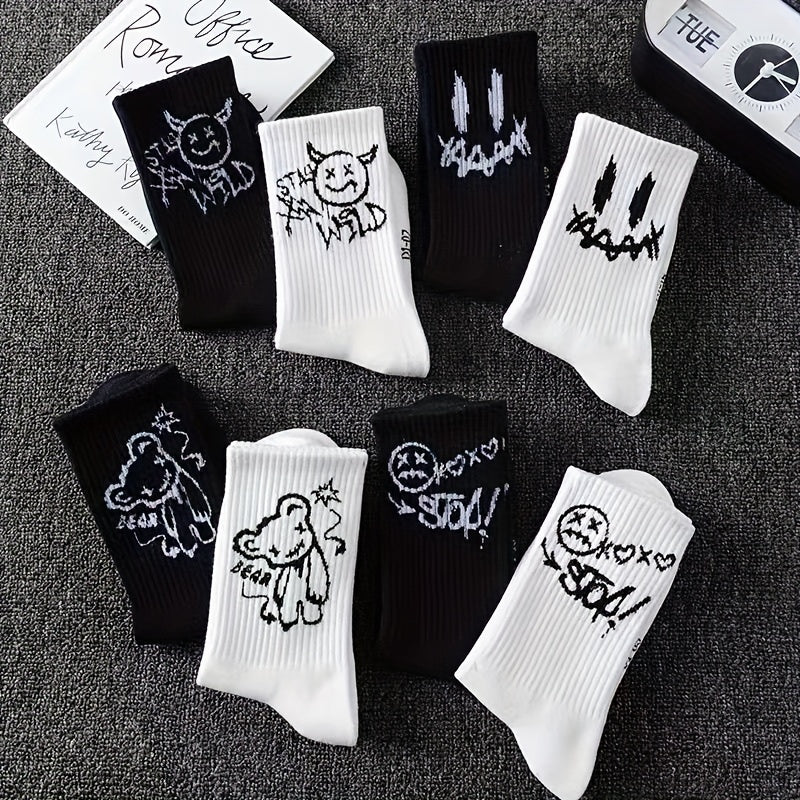 5 pairs of big size couple socks with funny faces, men's fun and cute compression socks made of polyester and spandex, machine washable, featuring geometric patterns in knitted fabric.