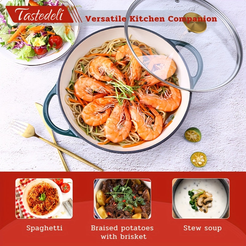 Tastedeli's Enameled Cast Iron Dutch Oven is a round casserole braising pan with lid, holding 2.5 quarts - perfect for versatile cooking such as braising, stewing, and baking.