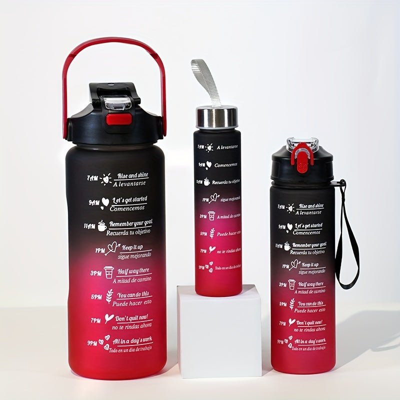 Large capacity sports water bottles with time marker in sets of 1, 2, or 3. Leakproof, BPA-free, and durable with portable handle.