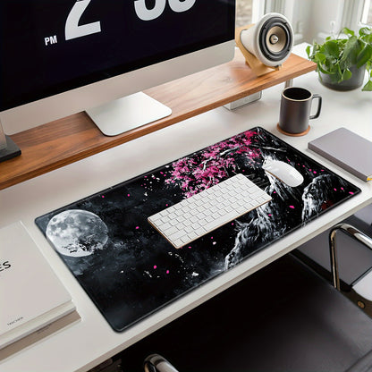 Cherry Blossom & Moon Artistic Mouse Pad - Non-Slip Rubber Base, Precision Stitching, Extended Large Mat for Gaming, Office, Study, Natural Rubber Material, Vibrant Colors, Durable Design