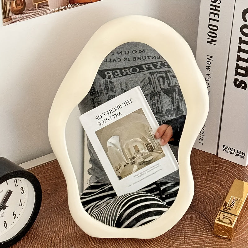 Portable cloud-shaped folding makeup mirror with floral theme, polished glass surface, plastic frame, dresser mount, no electricity needed for home, dorm, and travel.