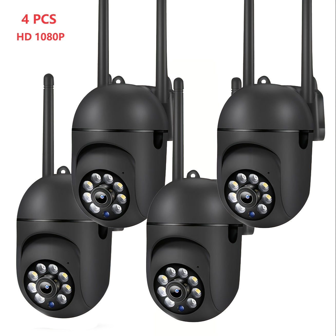 4-piece system of 1080P HD security dome cameras with PTZ, full color night vision, motion & audio alert, 2-way audio, Alexa compatibility, and USB power, for home security.