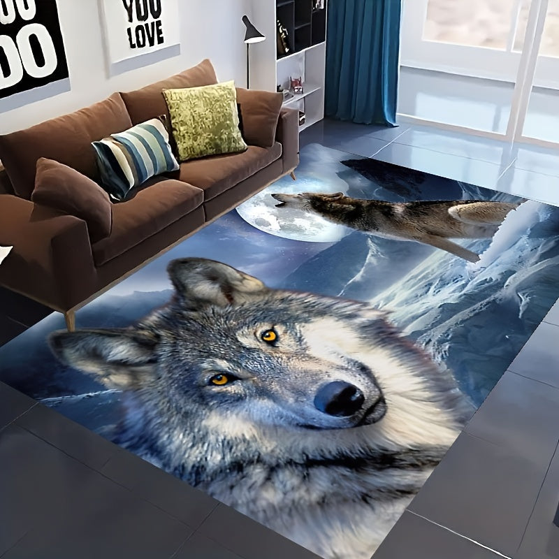 Decorate your home with this stunning 1-piece 3D snow wolf print rug, featuring a psychedelic motif design. This washable soft floor mat is perfect for any room in your home, including the living room, bedroom, bathroom, kitchen, laundry room, office