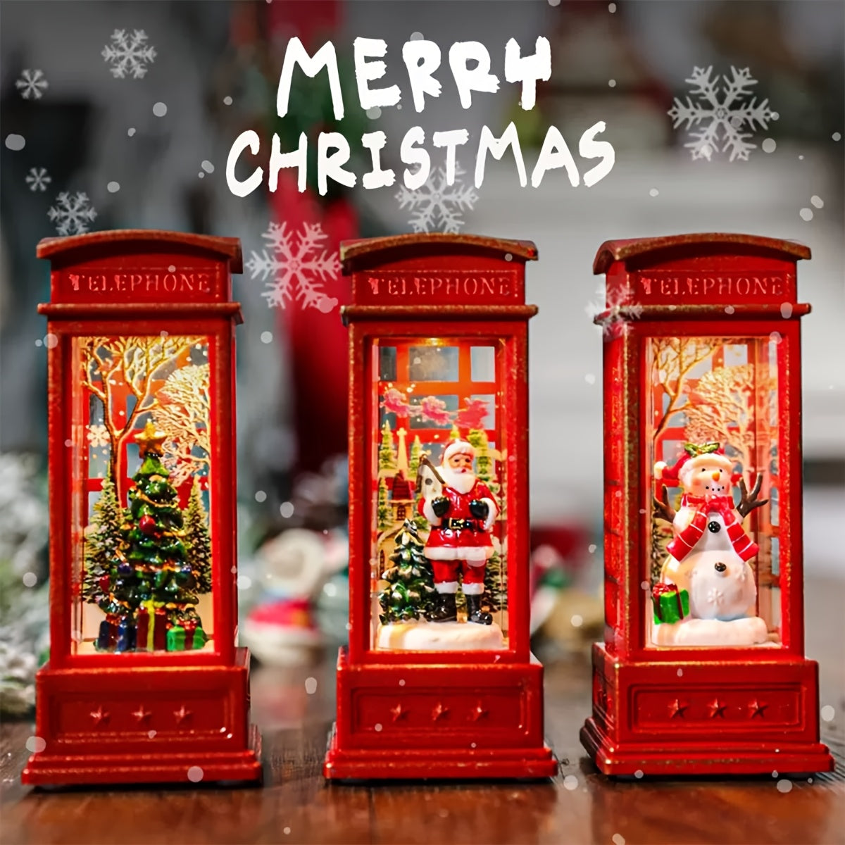 Festive Christmas phone booth decoration featuring Santa, snowman, and tree scenes. Battery-operated with illuminated red cabinet for holiday display.