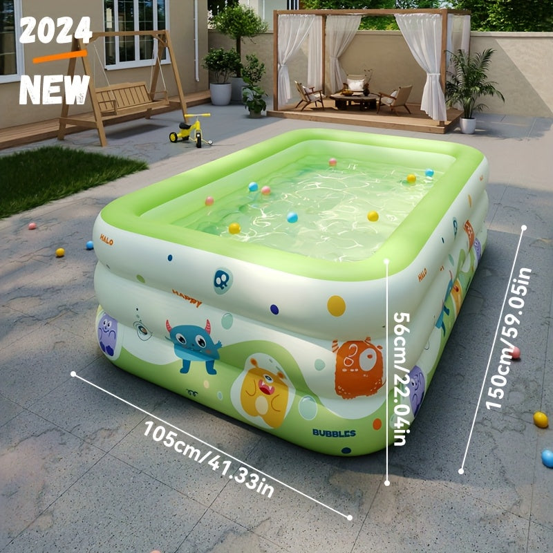 Large family-sized PVC inflatable swimming pool for outdoor parties and water fun. Includes multiple components and does not require electricity. Durable play pool.