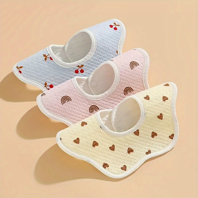 Three pieces of cotton bibs with a waterproof knitted petal design, featuring double hidden buttons for secure closure. These bibs are soft, absorbent, and perfect for keeping your little one clean during mealtime.