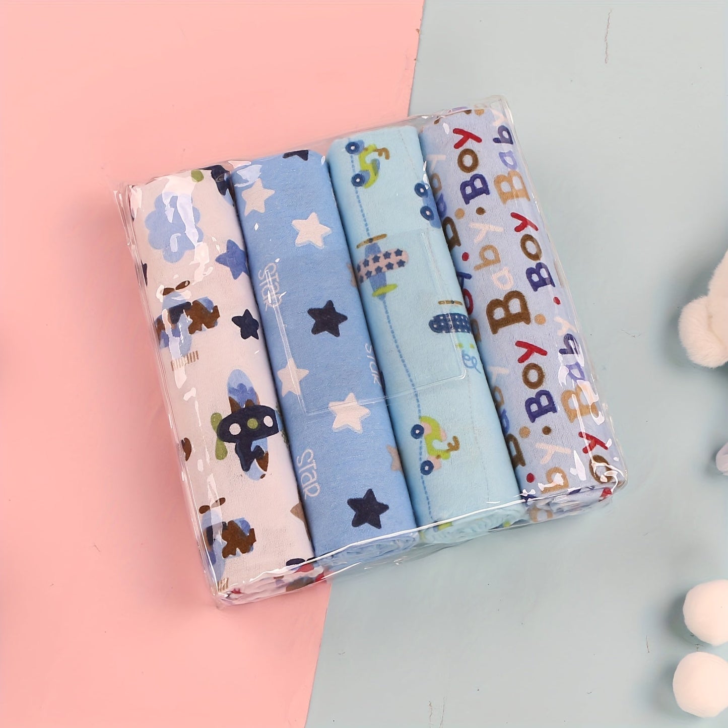 Set of 4 Cotton Baby Blankets with Cartoon Prints, Perfect Wrap Towels for Babies Ages 0-1 Year