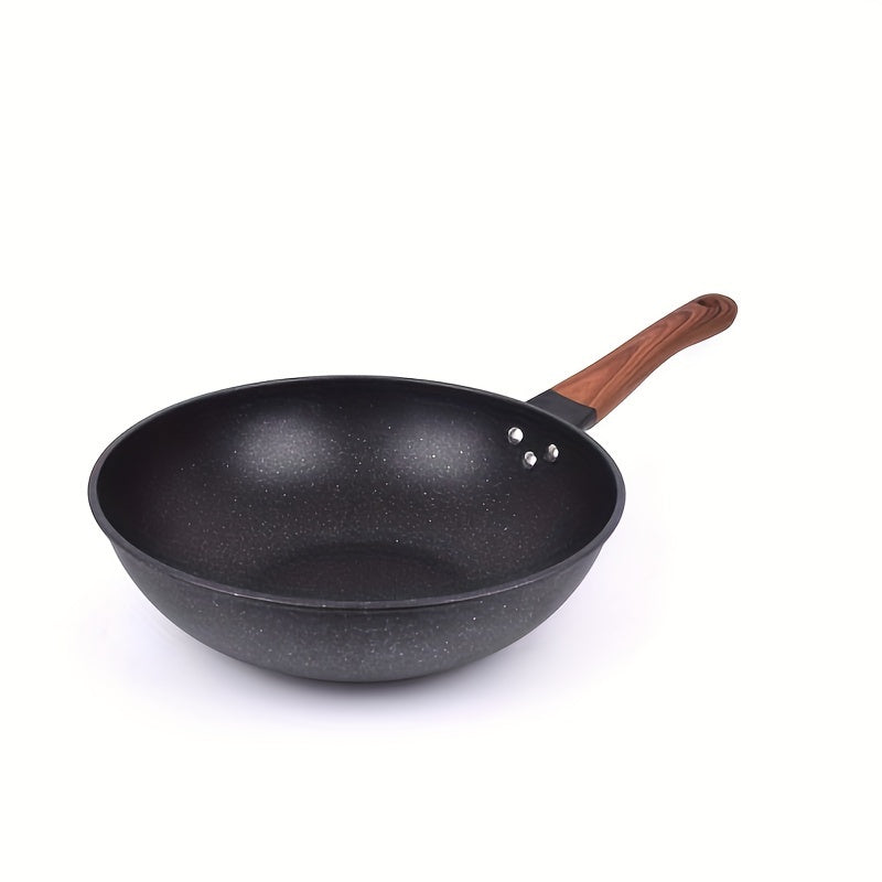 This versatile 1-piece non-stick coated pan is perfect for household use. Featuring a 30cm size and smokeless design, this flat frying pan is ideal for frying eggs and steaks. It can be used on both induction cookers and gas stoves, making it a useful