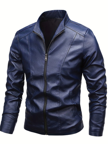 Men's Casual PU Leather Jacket with Stand Collar and Zipper Placket, Regular Fit and Long Sleeve, Non-Stretch Woven Moto Style Outwear.