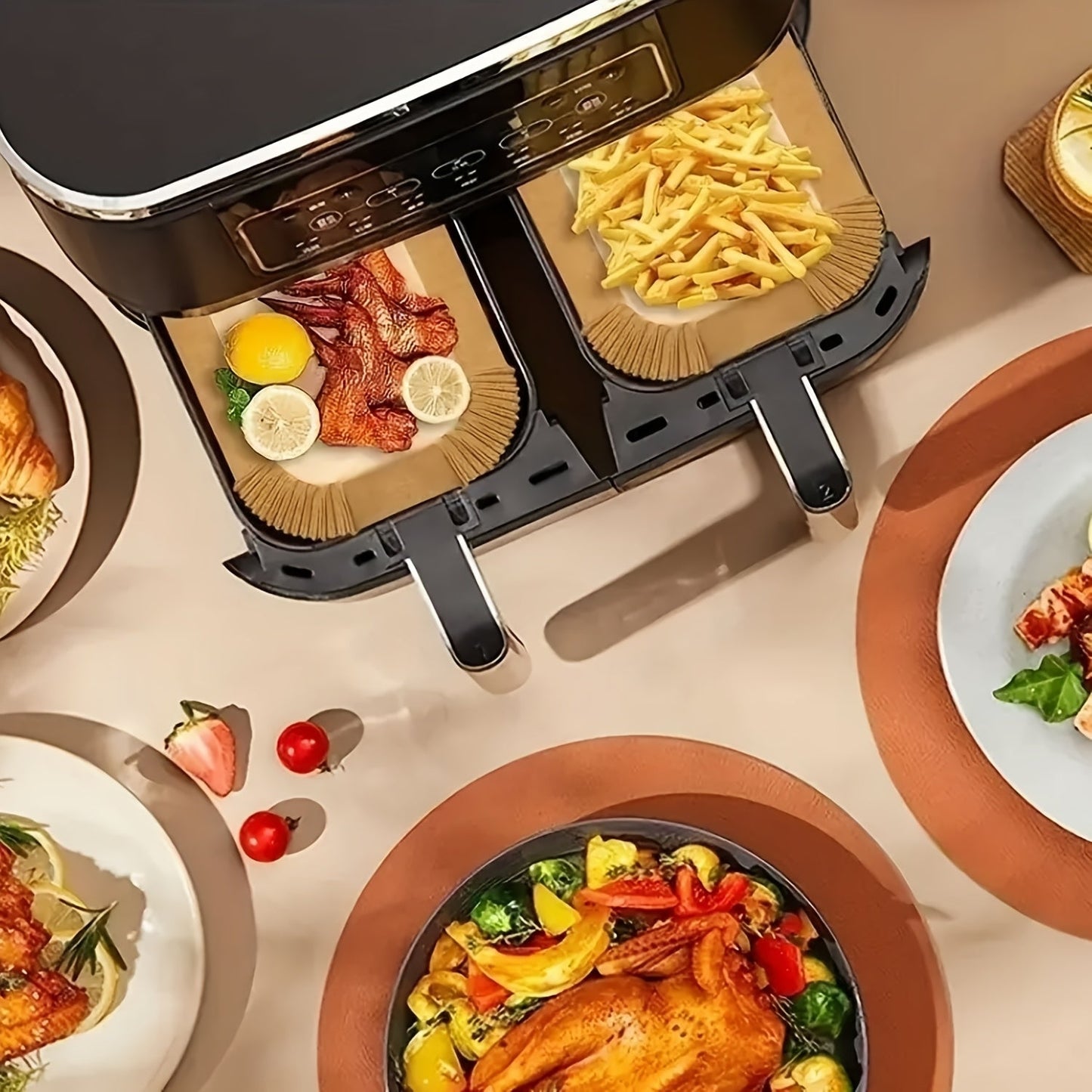 A set of 100 Non-Stick Disposable Air Fryer Liners made from oil-resistant parchment paper. These trays are oven safe and are kitchen accessories that provide chemical-free cooking supplies.