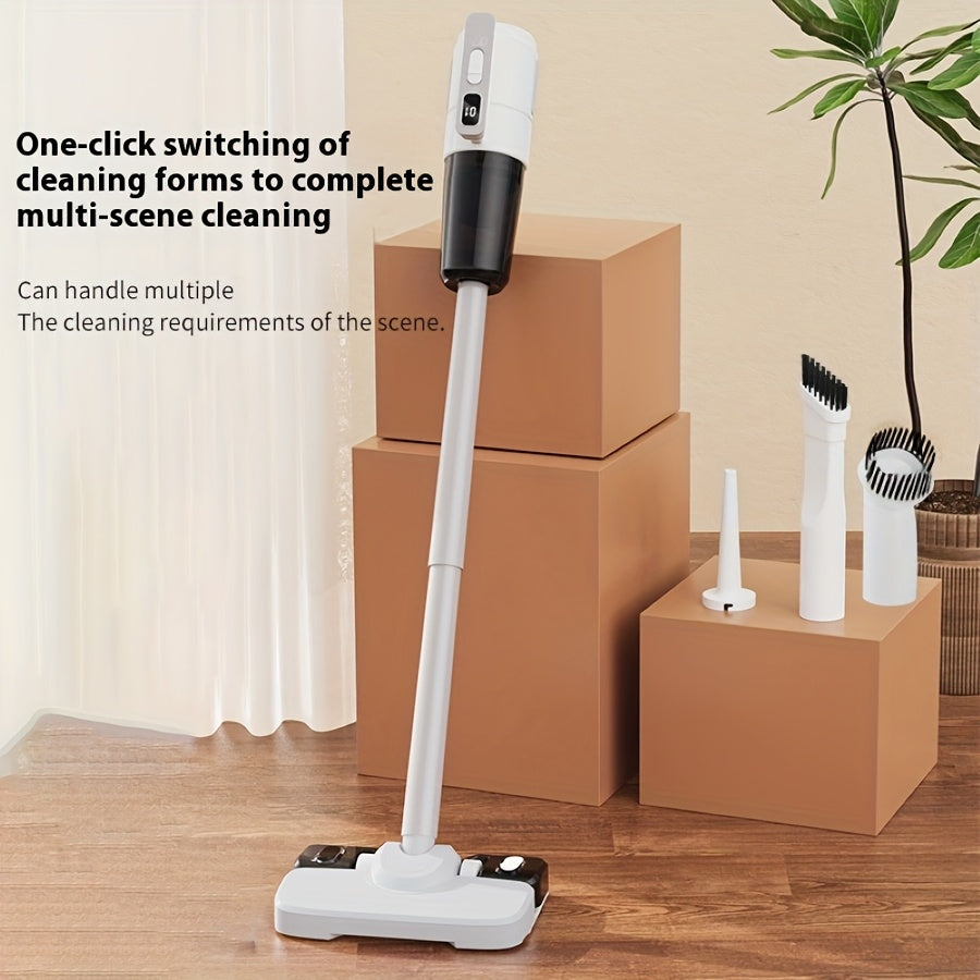 Cordless Vacuum Cleaner Kit with 5 Functions - Strong Suction for Hardwood, Carpet, and Pet Hair - Simple One-Click Operation with Various Attachments, Rechargeable via USB, Stylish White & Black Design