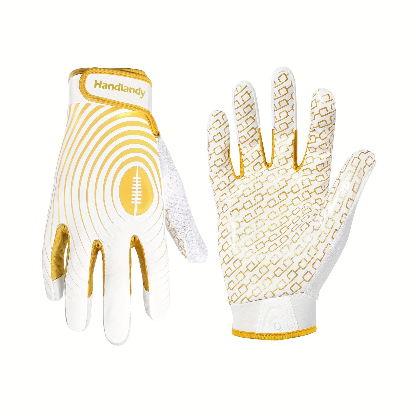 Adjustable football gloves with sticky white and golden receiver palms and elastic closure.