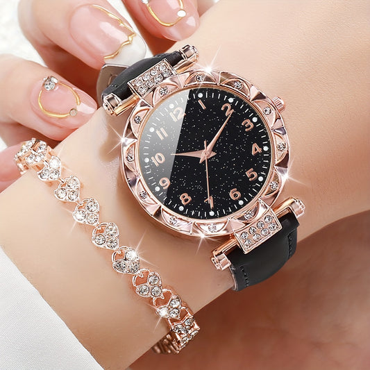 Set of 2 fashionable women's quartz wristwatch and bracelet with round alloy case, faux leather band, non-rechargeable button battery - Elegant timepiece combo.